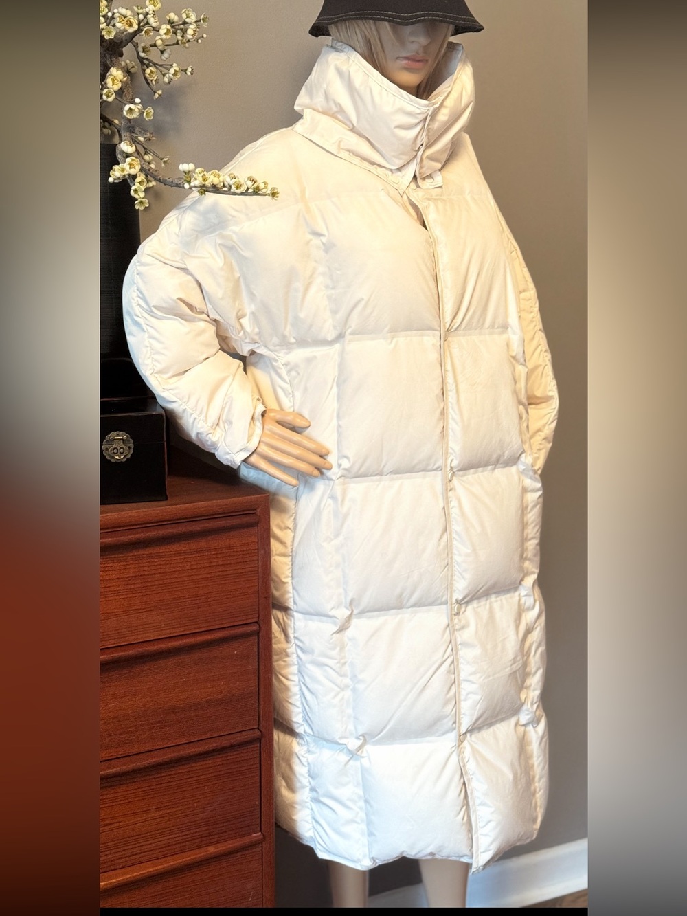 Women's Down Long Cream Puffer Coat with High Collar
